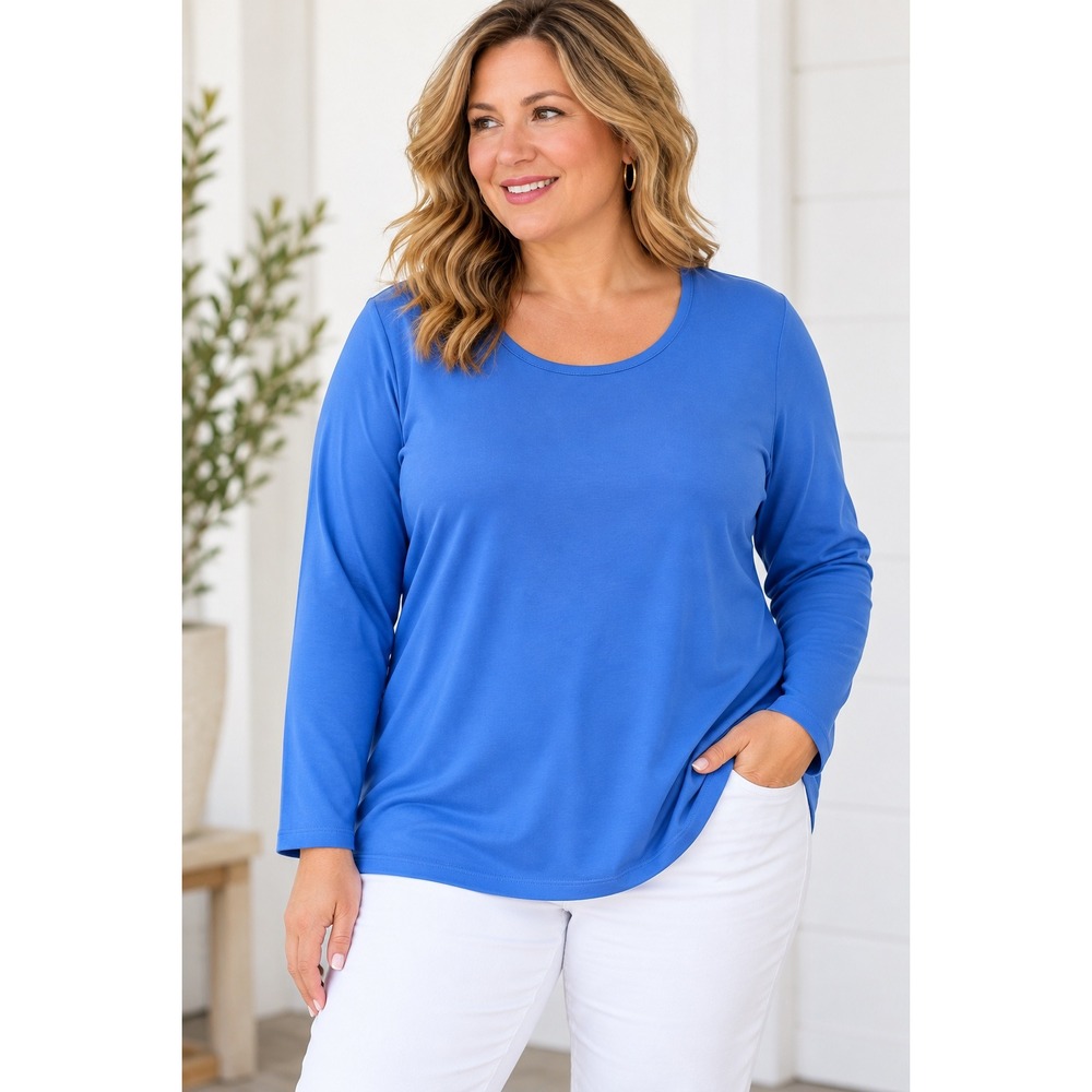 D&Co Essentials Womens 1X Blue Scoop Neck Long Sleeve Top Plus Size Relaxed Fit